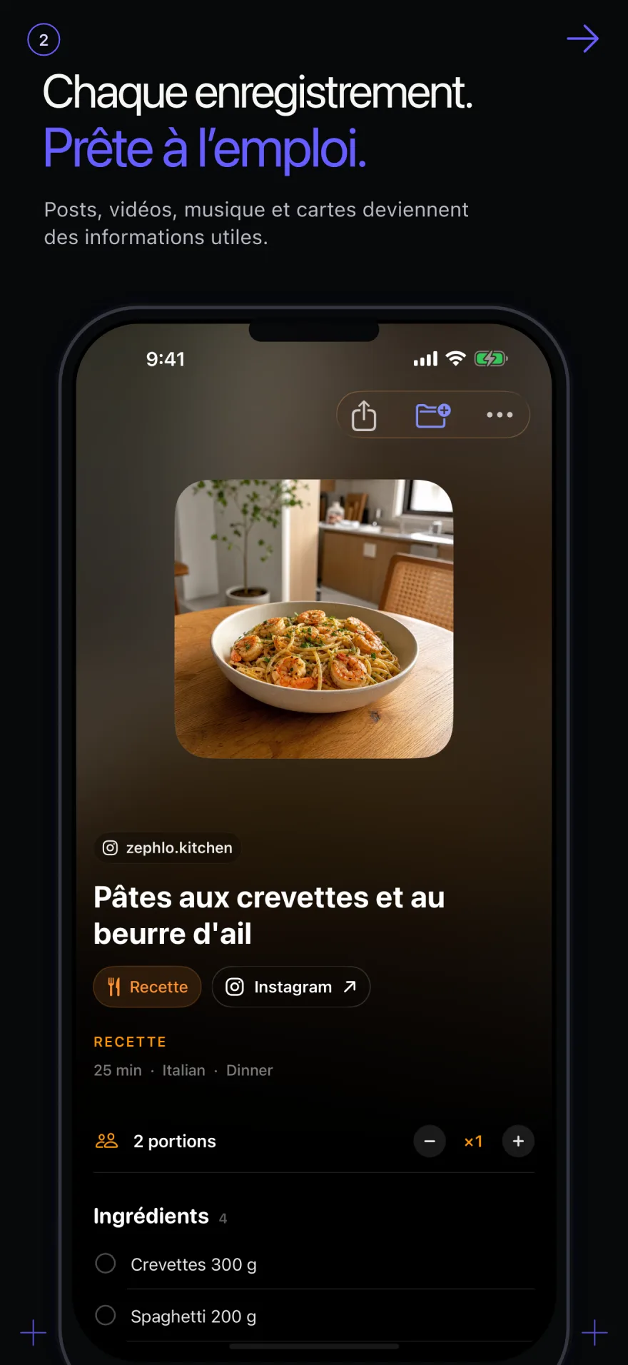 Détail d'une recette Zephlo avec ingrédients et portions